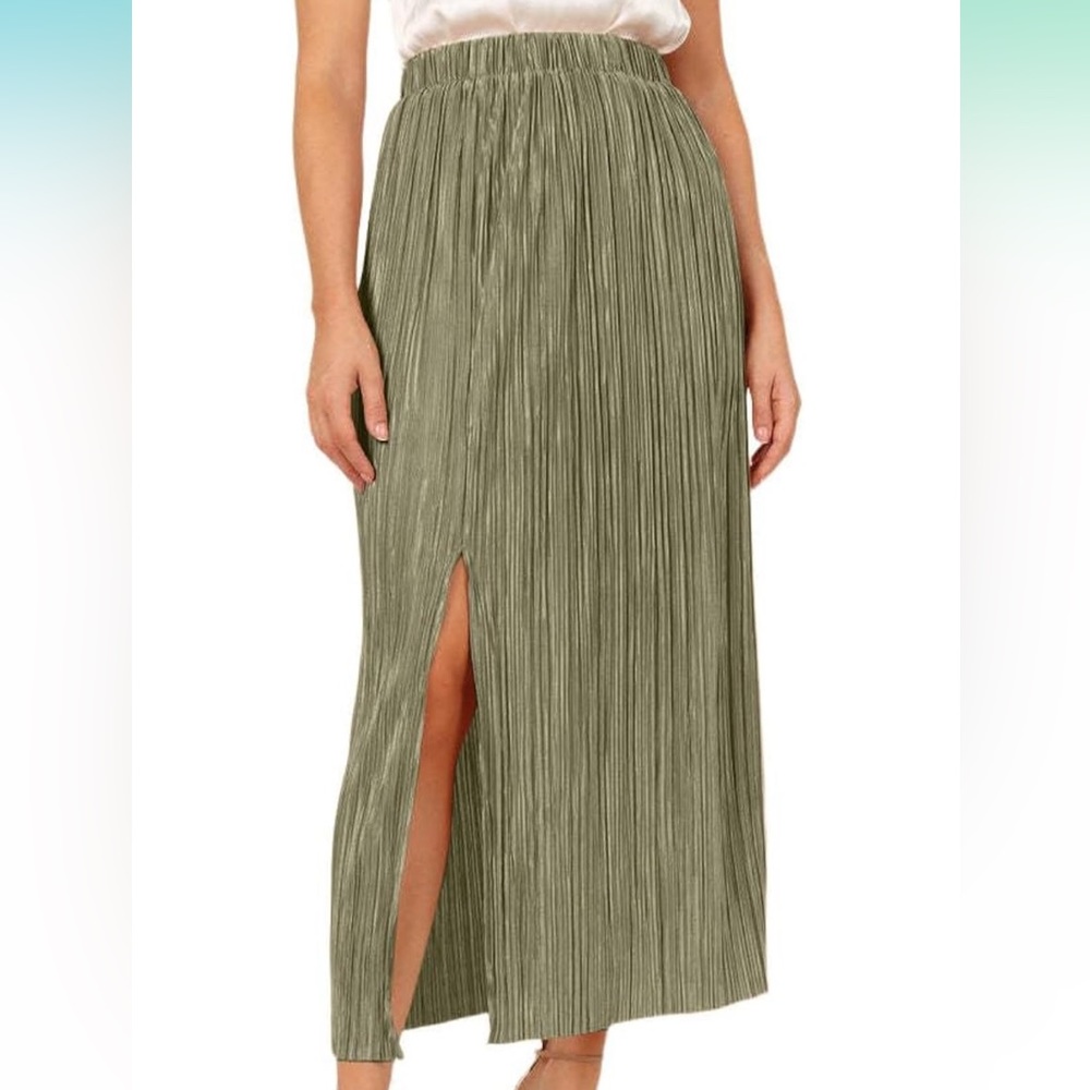 NWT Rooscier Pleated Side Split Elastic High Waist Shiny Party Midi Long Skirts